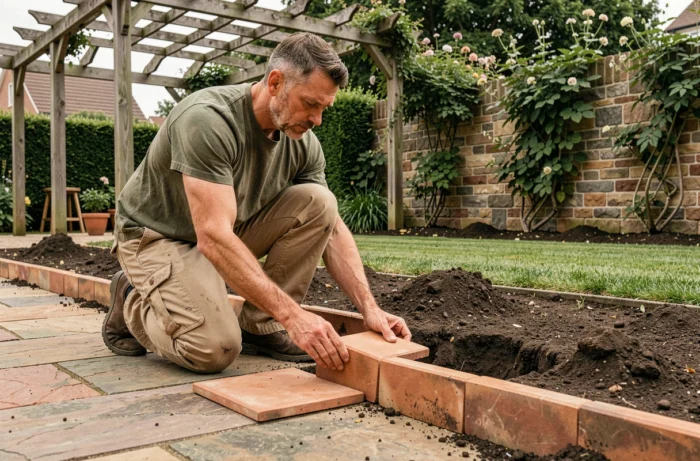 Man die een tuinbed aanlegt met terracotta randen en klimplanten
