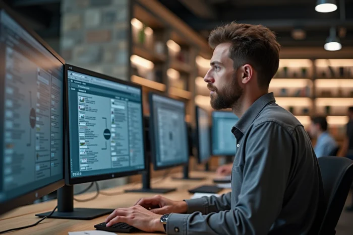 Homme analysant un sitemap de site web sur grand écran dans un espace de coworking breton