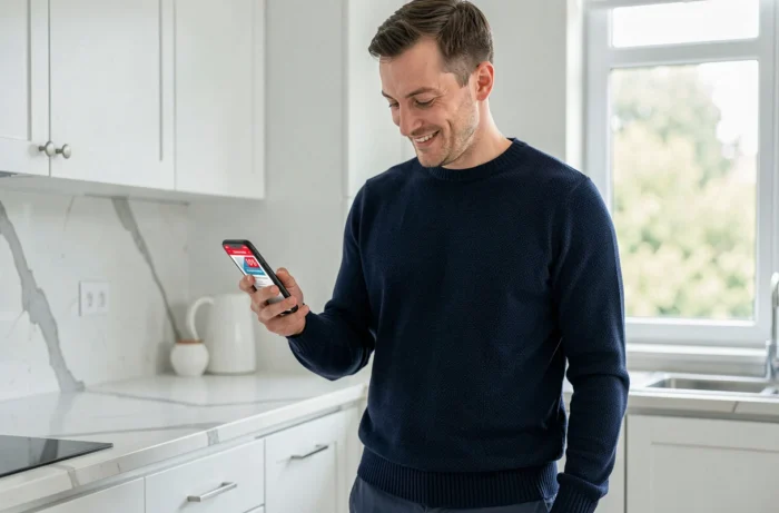 Hombre consultando un código promocional de Zalando del 10% en su smartphone en una cocina moderna