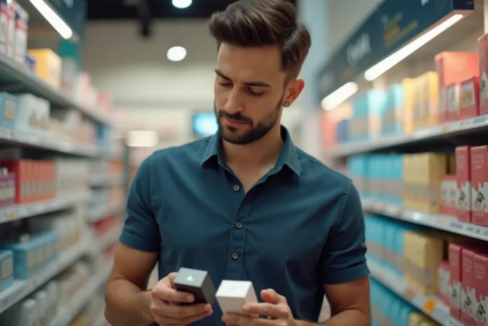 Homme comparant deux boîtes de parfums en rayon de parfumerie pour trouver le meilleur dupe