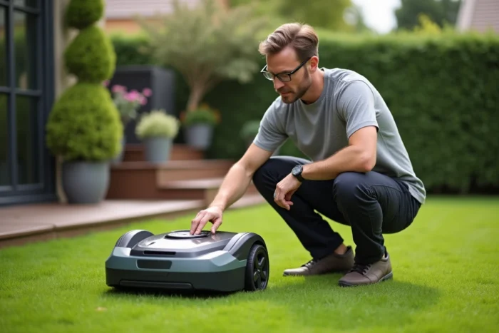 Homme configurant le robot tondeuse Parkside de Lidl sur une pelouse de jardin pavillonnaire