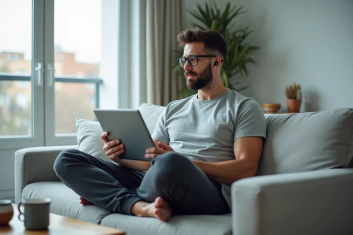 Homme détendu suivant un cours en ligne sur une tablette depuis son canapé dans un salon moderne et lumineux