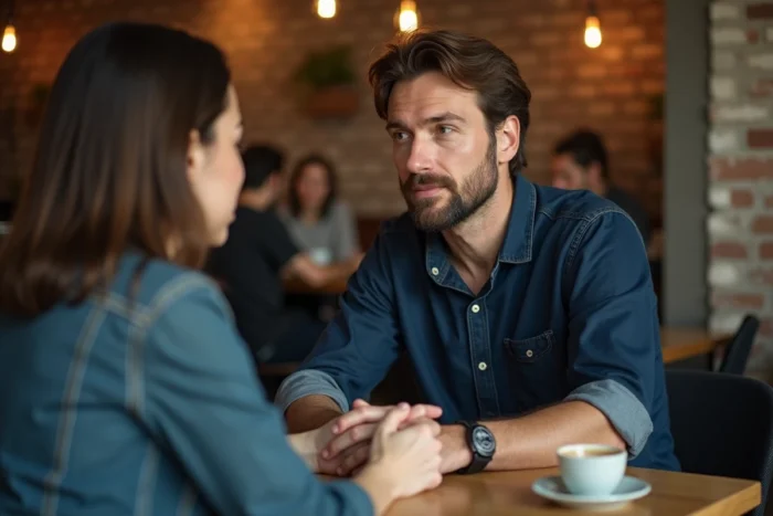 Homme exprimant ses sentiments à une femme dans un café, mains jointes sur la table, représentant la déclaration d'amour sincère d'un homme