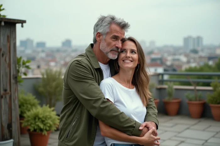 Homme enlaçant tendrement une femme sur une terrasse extérieure, symbolisant la force et la profondeur du sentiment amoureux masculin