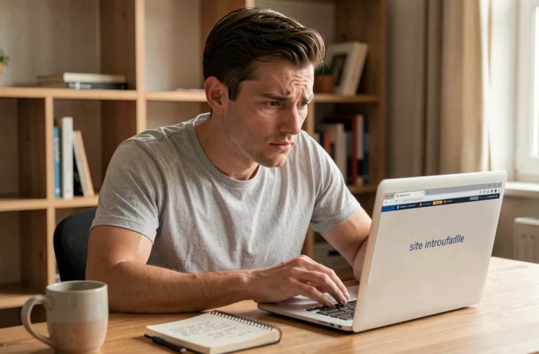Homme frustré devant un message d'erreur de site introuvable sur son ordinateur portable à domicile