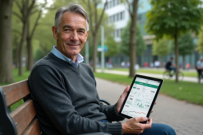 Homme consultant des données d'ETF ESG sur tablette dans un parc urbain verdoyant