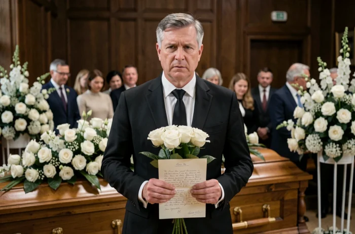 Homme tenant un bouquet de roses blanches et une lettre de condoléances lors d'un enterrement