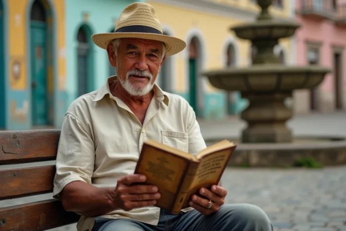 Vieil homme lisant un roman en espagnol sur une place coloniale de La Havane à Cuba