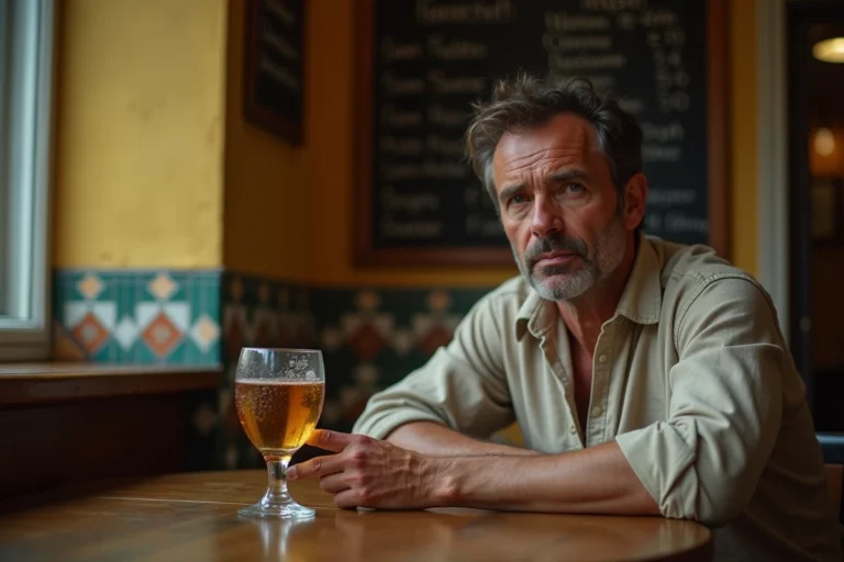 Homme fatigué attablé seul dans un café français avec un verre de pastis, illustrant les dangers de la consommation d'alcool sur la santé