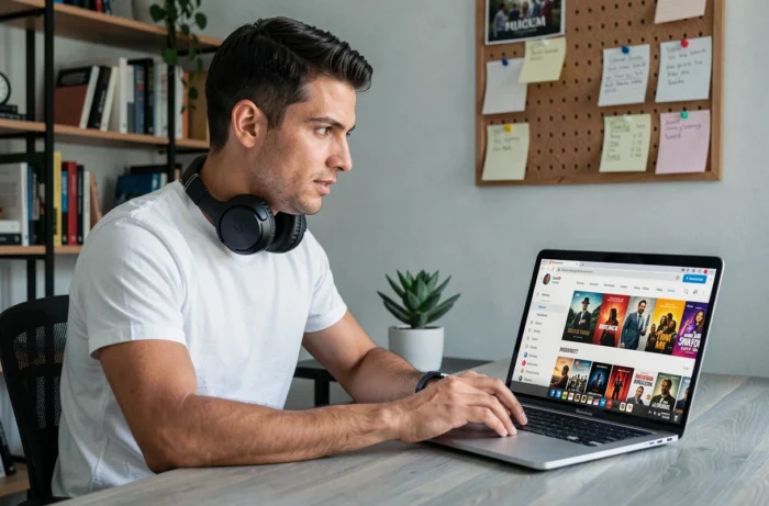 Homme cherchant des films en streaming gratuit en VF sur son ordinateur portable depuis son bureau à domicile