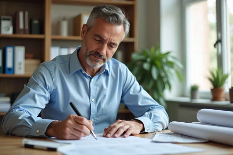 Homme remplissant un formulaire de déclaration de travaux sur un bureau en bois avec des plans architecturaux