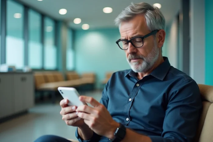 Homme consultant ses résultats d'analyses biologiques Biofutur sur smartphone dans une salle d'attente médicale