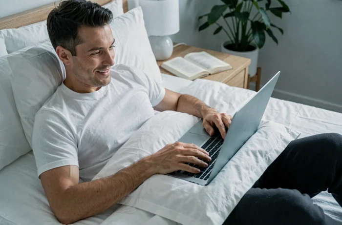 Homme regardant une série en streaming VF sur ordinateur portable allongé sur son lit