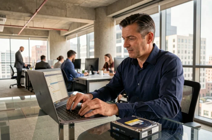 Homme professionnel transférant des fichiers entre un ordinateur portable et un disque dur externe dans un bureau moderne