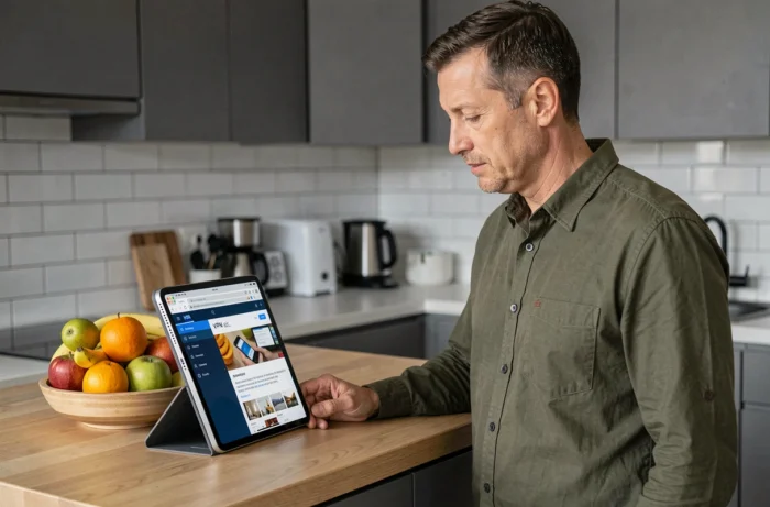 Homme utilisant une application VPN sur une tablette pour retrouver l'accès à un site web introuvable dans sa cuisine