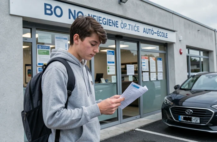Adolescent consultant un dossier d'inscription devant une auto-école à Rognac