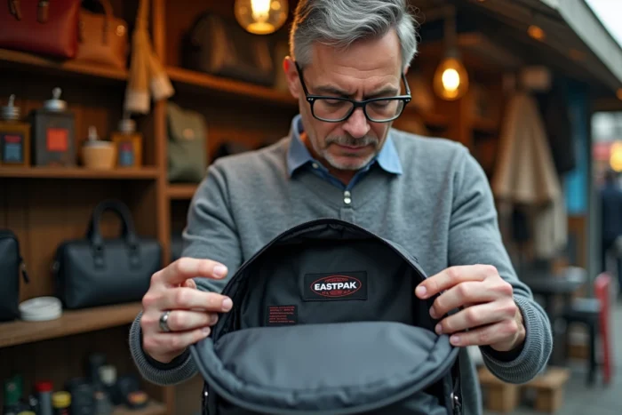 Homme vérifiant l'étiquette intérieure et le numéro de série d'un sac Eastpak dans un marché de seconde main pour détecter une contrefaçon