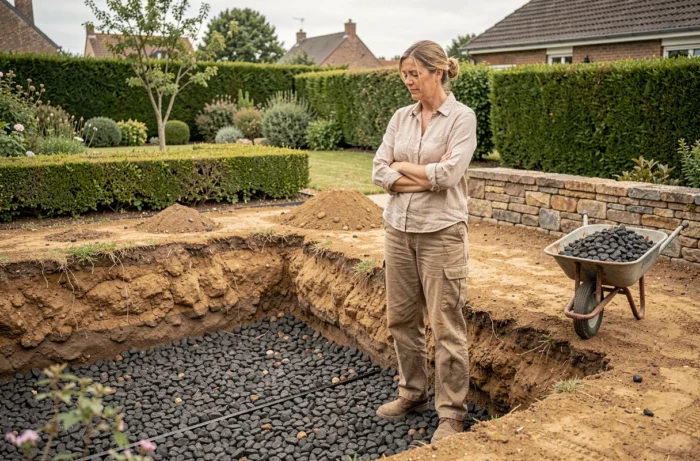 Propriétaire observant l'installation d'un lit filtrant en pouzzolane dans son jardin