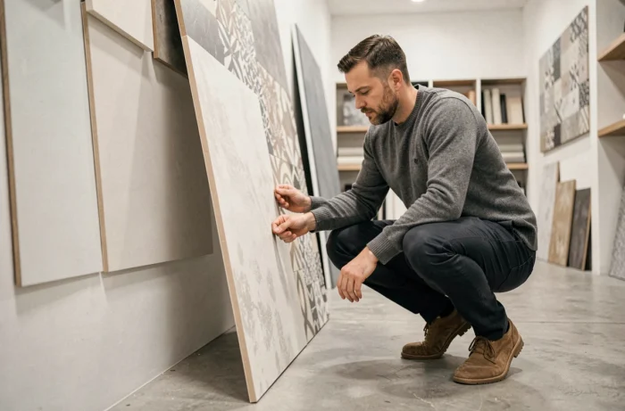 Artisan professionnel installant un panneau décoratif mural dans un showroom Dekortikon moderne
