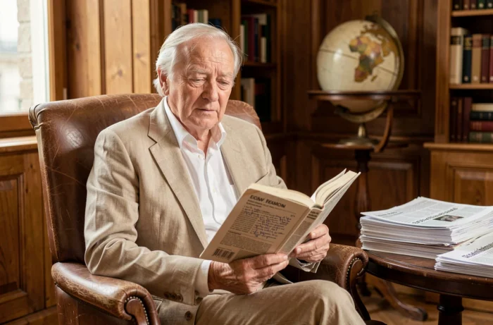 Intellectuel français senior lisant un livre d'économie dans une bibliothèque privée parisienne avec journaux financiers et globe antique