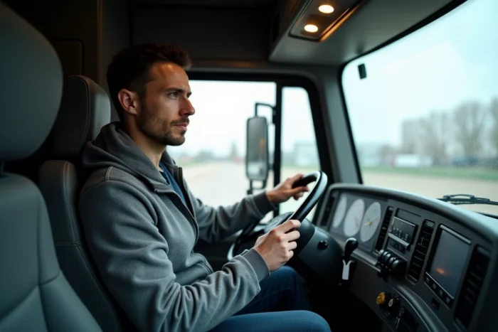 Intérieur moderne de la cabine d'un camion Kamaz avec tableau de bord numérique et conducteur