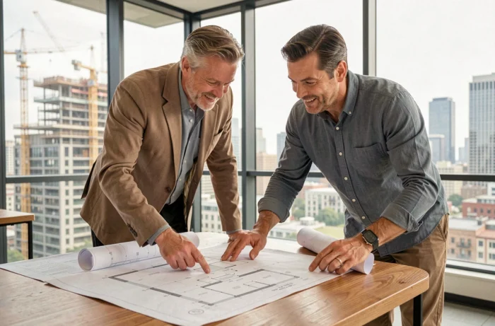Couple de professionnels étudiant des plans architecturaux pour un investissement immobilier neuf en 2024