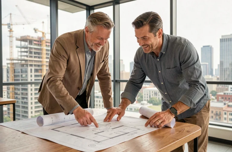 Couple de professionnels étudiant des plans architecturaux pour un investissement immobilier neuf en 2024