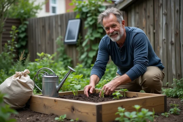 Homme plantant des légumes dans un potager surélevé en bois recyclé dans un jardin urbain avec panneau solaire visible en arrière-plan