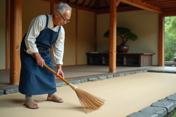 Jardinier japonais âgé ratissant du sable fin dans un jardin zen intérieur avec un râteau en bois, ambiance zen et minimaliste
