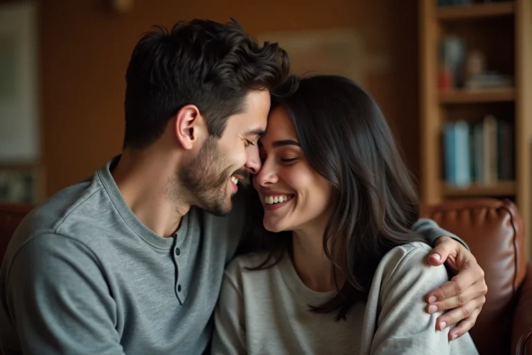 Couple partageant un moment d'intimité émotionnelle, front contre front, illustrant la signification profonde de 'je t'aime fort' pour un homme