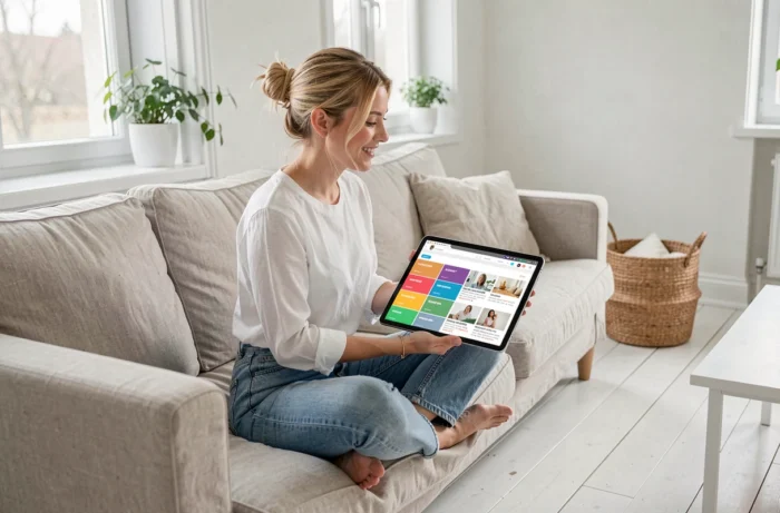 Jeune femme blonde parcourant les rubriques d'un blog lifestyle sur une tablette dans un salon minimaliste