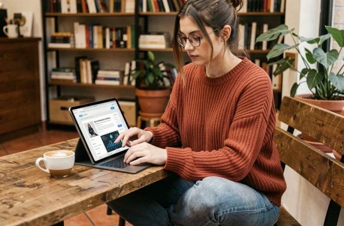 Young woman reading digital tips and trends on a tablet in a warm and modern café