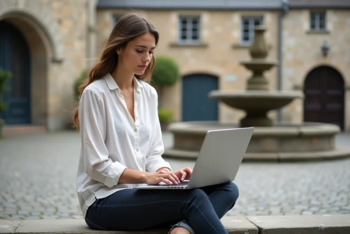 Jeune femme naviguant sur un sitemap en plein air dans une place historique bretonne