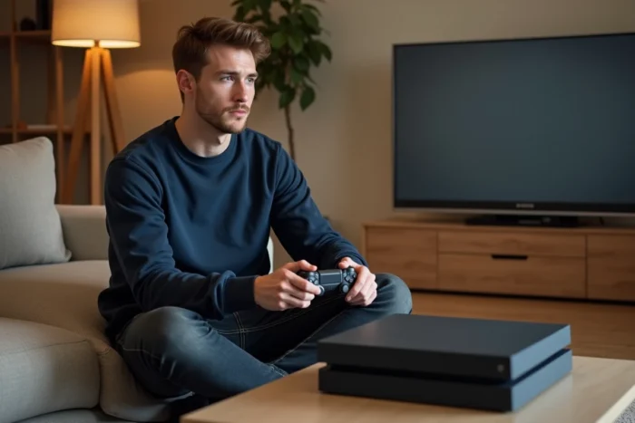 Jeune homme en sweatshirt bleu marine réfléchissant devant une PS4 Fat et une PS4 Slim dans son salon