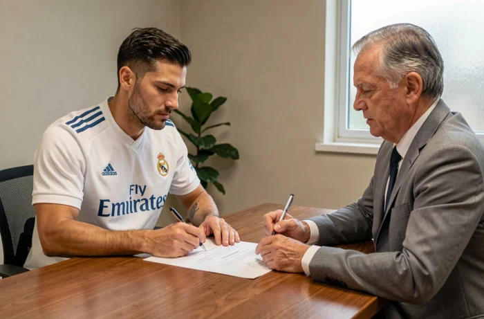 Footballeur du Real Madrid signant un contrat salarial avec son agent dans une salle de réunion privée, illustrant les enjeux financiers du club en 2026