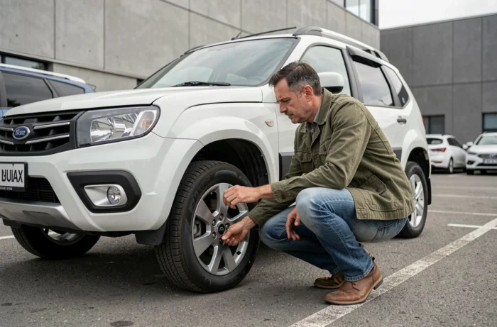 Journaliste automobile inspectant la suspension d'un Lada Niva 4x4 neuf dans un parking de concession