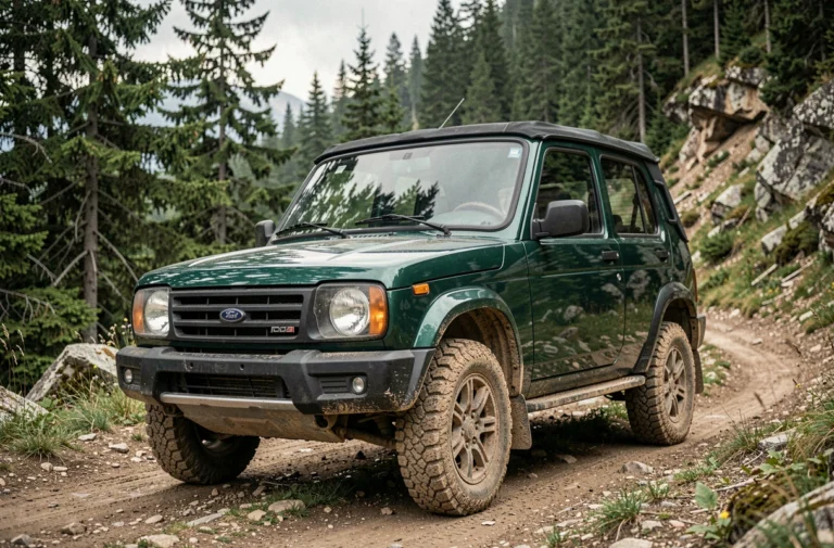 Lada Niva 4x4 neuf garé sur un sentier de montagne entouré de forêt de pins