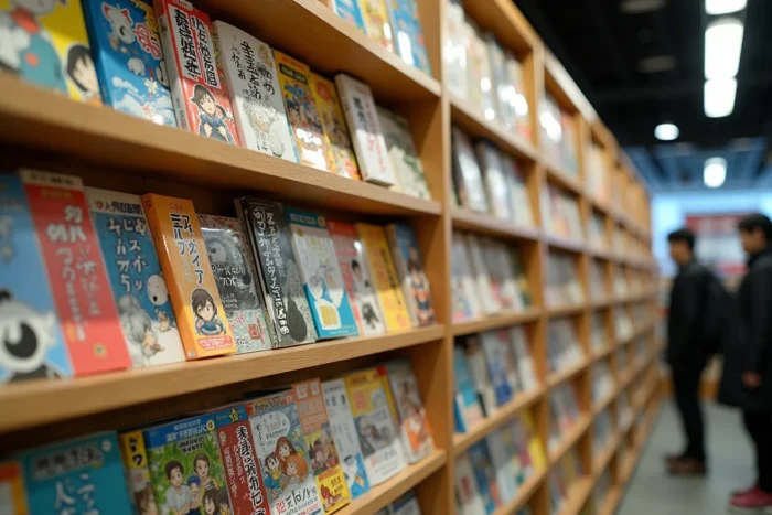 Rayonnages d'une librairie spécialisée manga à Tokyo avec des volumes aux couvertures illustrées en japonais