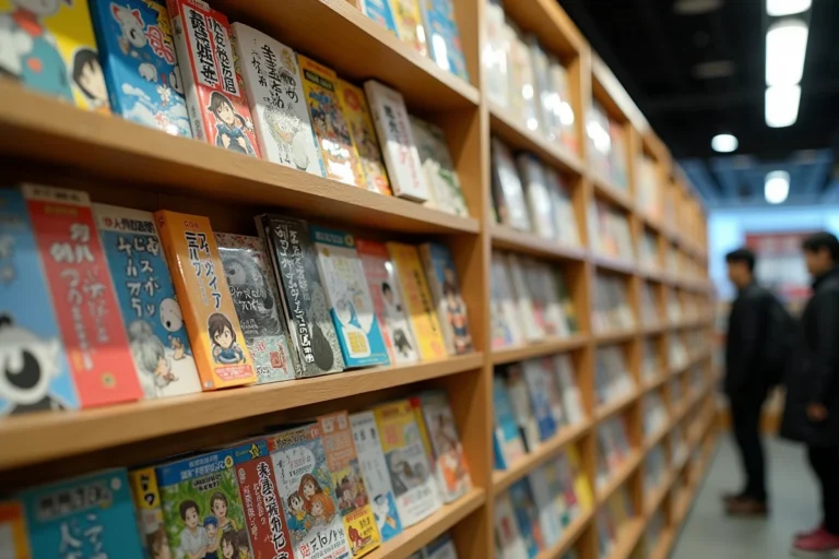 Rayonnages d'une librairie spécialisée manga à Tokyo avec des volumes aux couvertures illustrées en japonais