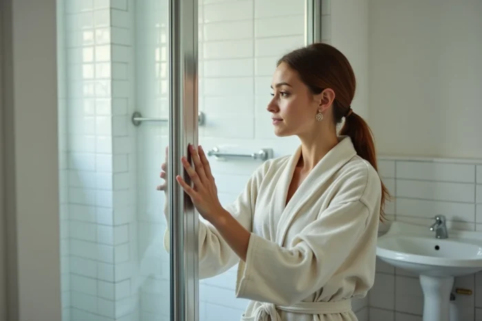 Locataire évaluant la taille d'une cabine de douche compacte dans un studio meublé