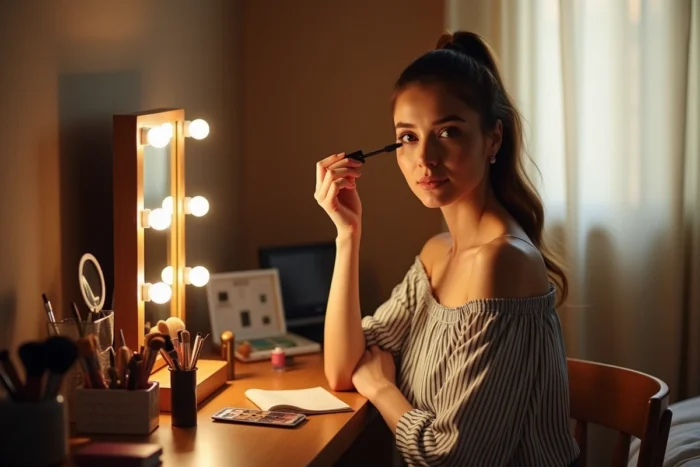 Jeune femme appliquant du mascara devant un miroir de coiffeuse avec des produits de maquillage variés
