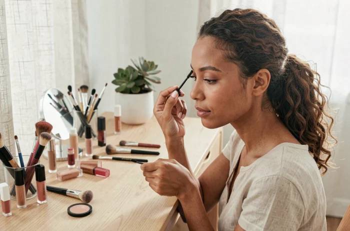 Jeune femme aux cheveux bouclés appliquant du mascara à sa coiffeuse dans une chambre au style scandinave
