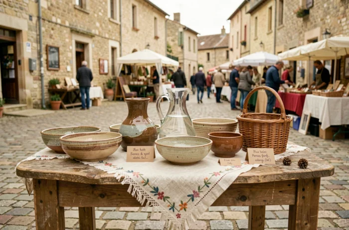 Étal de marché artisanal français présentant des créations uniques en céramique, verre soufflé et lin brodé dans un village provençal