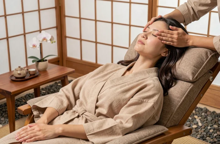 Vrouw die een craniale en schoudermassage ontvangt in een wellnessruimte met een rustgevende Aziatische decor