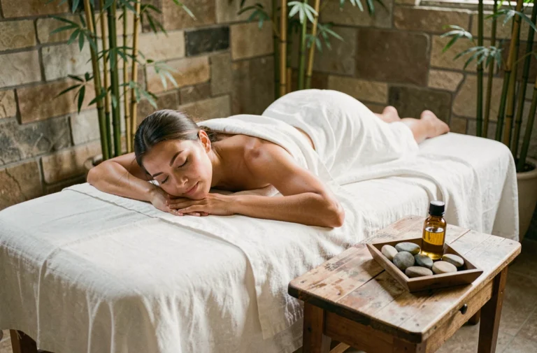 Femme allongée sur une table de massage dans un spa apaisant avec pierres chaudes et huile essentielle