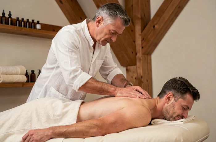 Professionele masseur die een Zweedse rugmassage uitvoert op een klant in een wellnessstudio