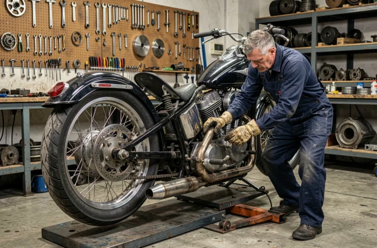 Mécanicien professionnel examinant un kit de conversion trike sur une moto cruiser dans un atelier spécialisé