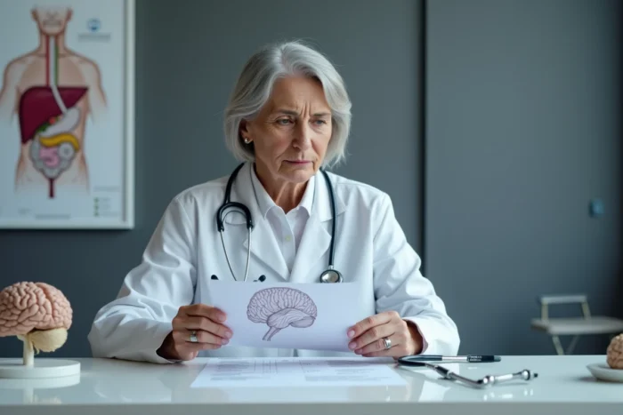 Médecin femme en blouse blanche examinant des résultats médicaux sur les effets de l'alcool sur le foie et le cerveau dans un cabinet clinique