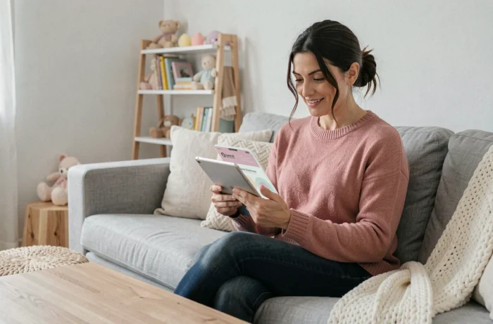 Mère parcourant un site web dédié à l'enfance sur une tablette dans un salon familial douillet