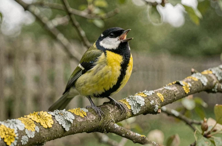 Mésange charbonnière perchée sur une branche de chêne dans un jardin français, bec ouvert en train de chanter